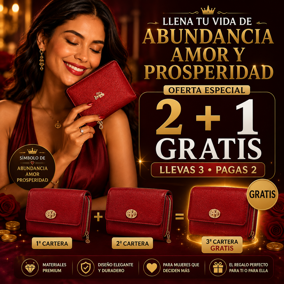 🎁1 x GRATIS🎁🌹Cartera Cuero Roja Mujer Abundancia💰
