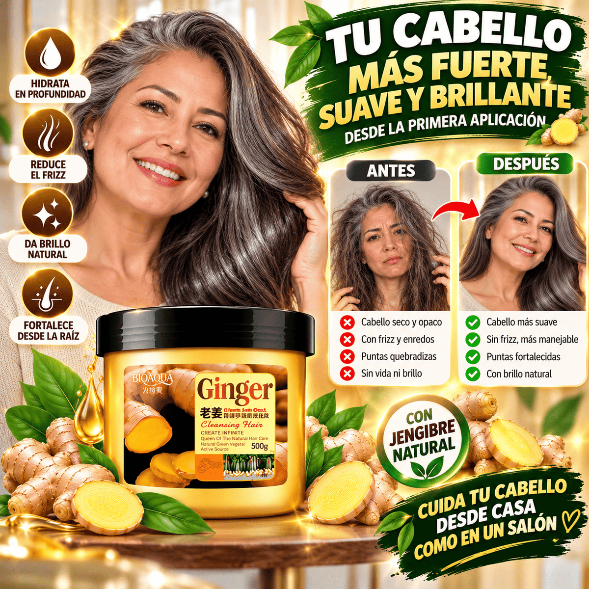 🫚✨ Mascarilla Capilar de Jengibre 500g | Hidratación Profunda, Antifrizz, Brillo y Suavidad ✨