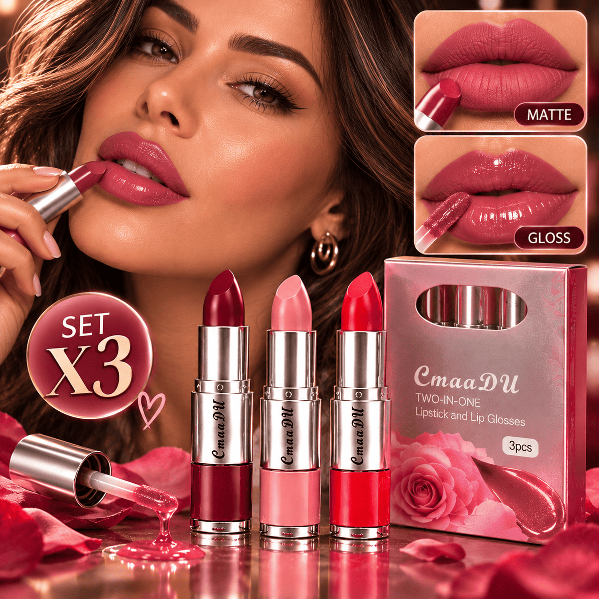 😍Set x3 Colores Labiales 2 en 1 💄 Matte de un Lado + Gloss del Otro | 💋Rojo-Rosa-Vino