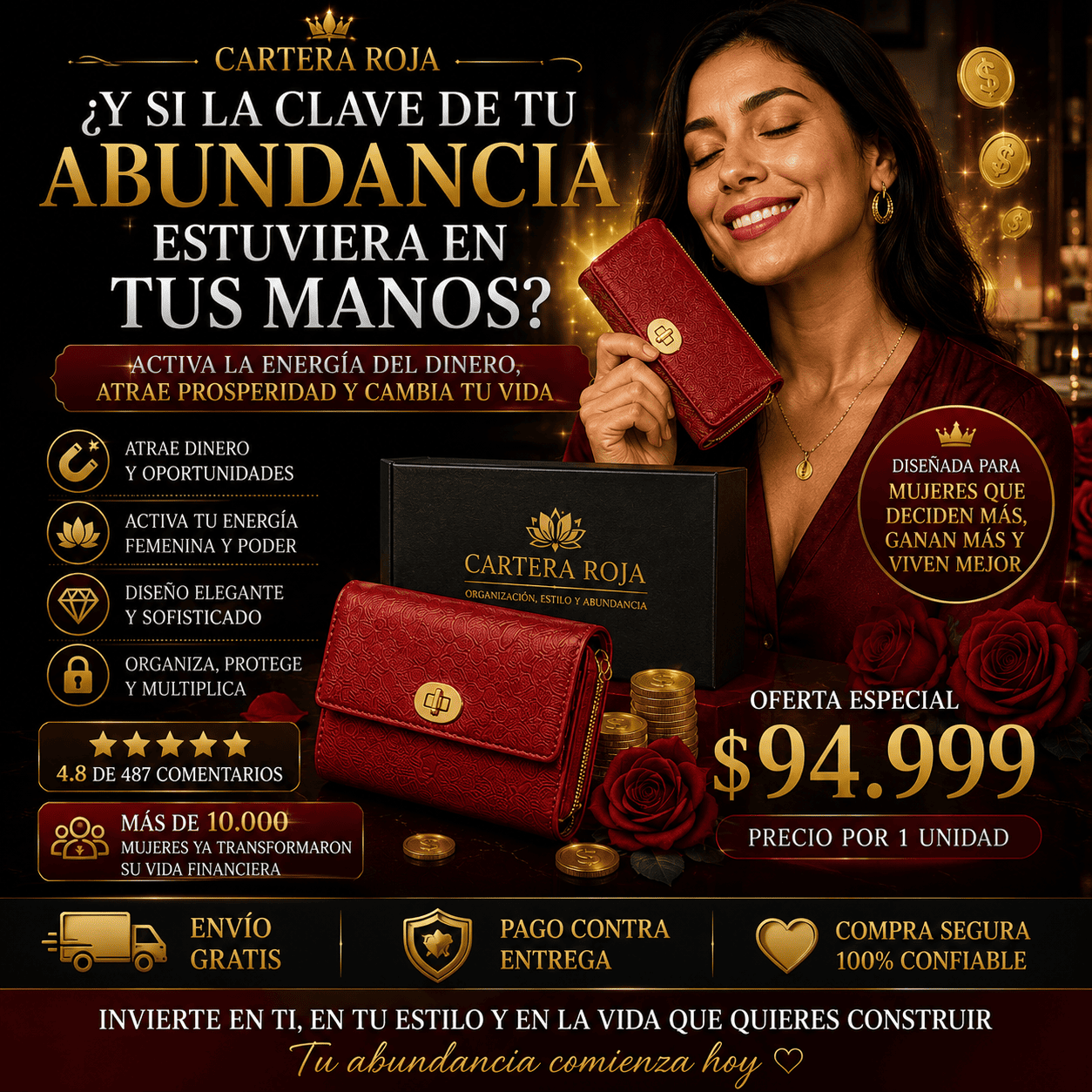 🌹Cartera Cuero Roja Mujer Abundancia💰y alta Riqueza🌸Prosperidad