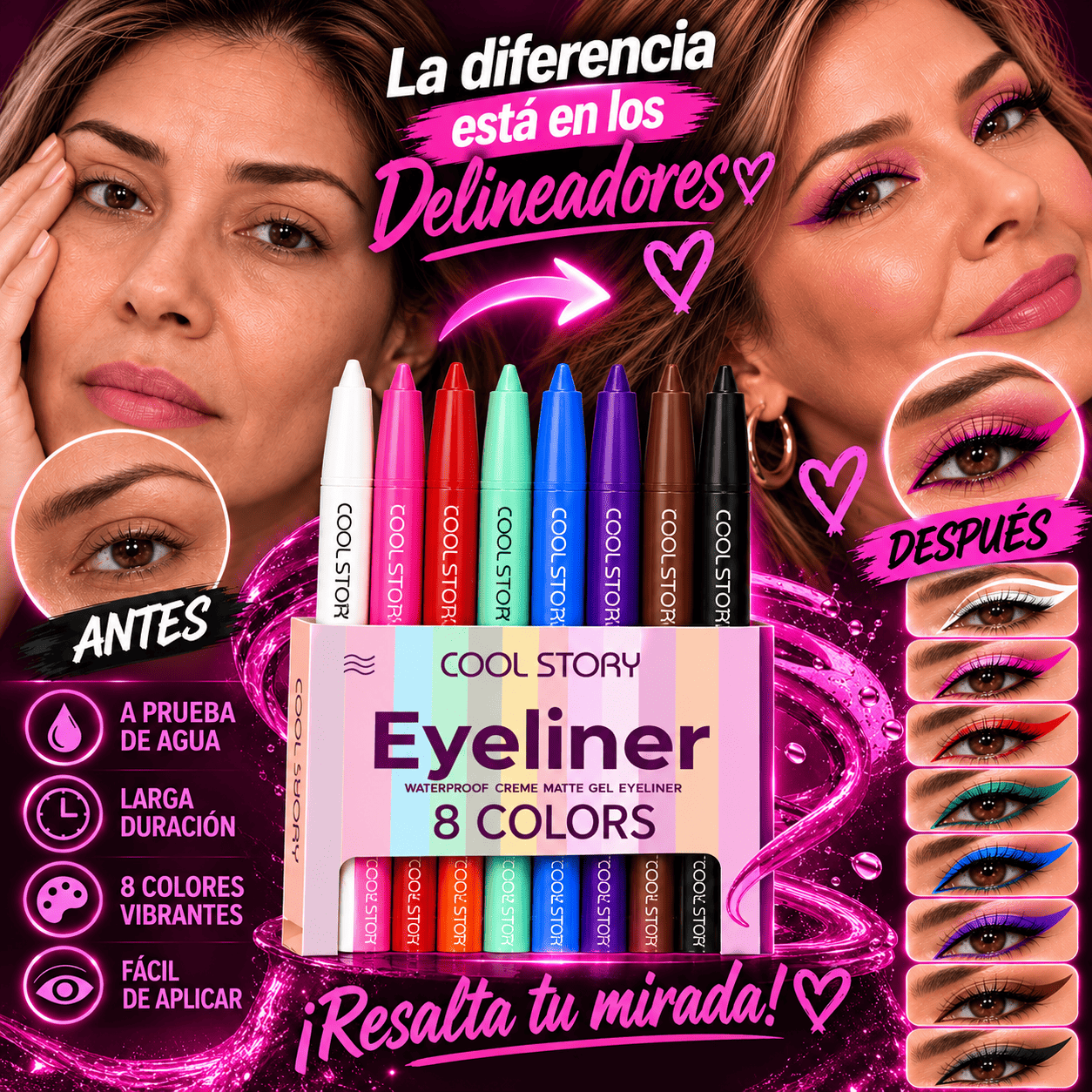 🌈 8 delineadores de colores en Gel PRO 😍✨ ¡Enamora con tu mirada! 💖